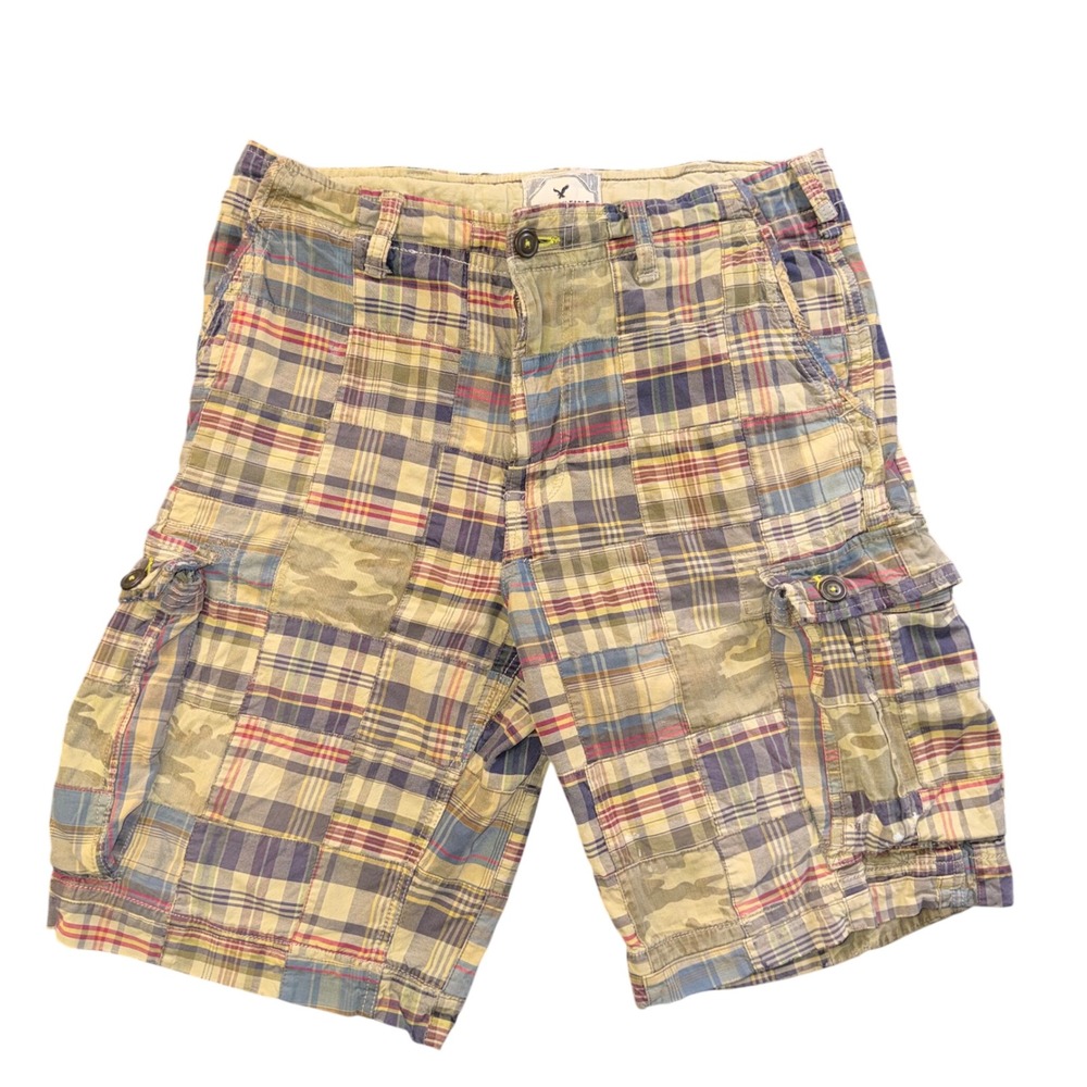 American Eagle Vintage Patchwork Plaid Camo Cargo Shorts Mens 36 Longer Length